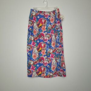 Vintage Casual Corner all over postcard print 100% silk midi art to wear skirt M